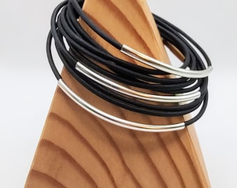 Black Double Leather Wrap Bracelet with Silver Plated Tubes and Magnetic Clasp