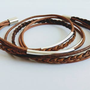 Distressed Brown Braided Double Leather Wrap Bracelet with Silver Plated Tubes and Magnetic Clasp image 6