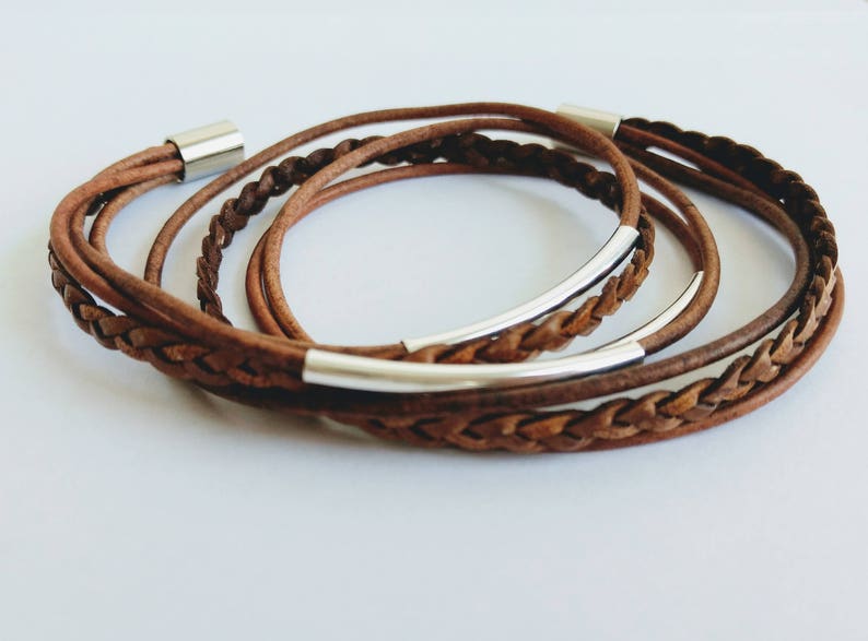 Distressed Brown Braided Double Leather Wrap Bracelet with Silver Plated Tubes and Magnetic Clasp image 6