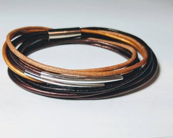 Brown Blend Double Leather Wrap Bracelet with Silver Plated Tubes and Magnetic Clasp