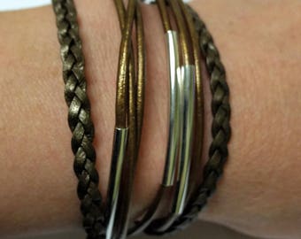 Metallic Moss Braided  Double Leather Wrap Bracelet with Silver Plated Tubes and Magnetic Clasp
