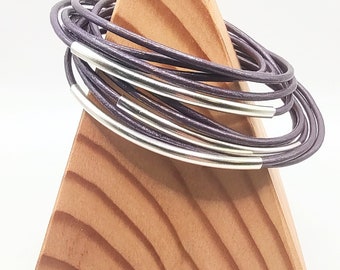 Berry Double Leather Wrap Bracelet with Silver Plated Tubes and Magnetic Clasp