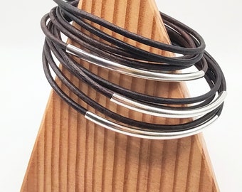 Distressed Dark Brown Double Leather Wrap Bracelet with Silver Plated Tubes and Magnetic Clasp