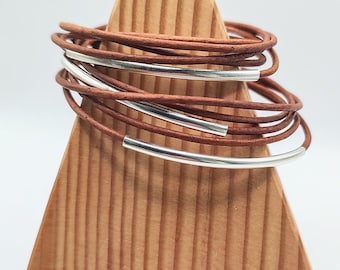 Distressed Light Brown Double Leather Wrap Bracelet with Silver Plated Tubes and Magnetic Clasp