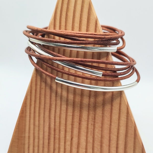 Distressed Light Brown Double Leather Wrap Bracelet with Silver Plated Tubes and Magnetic Clasp