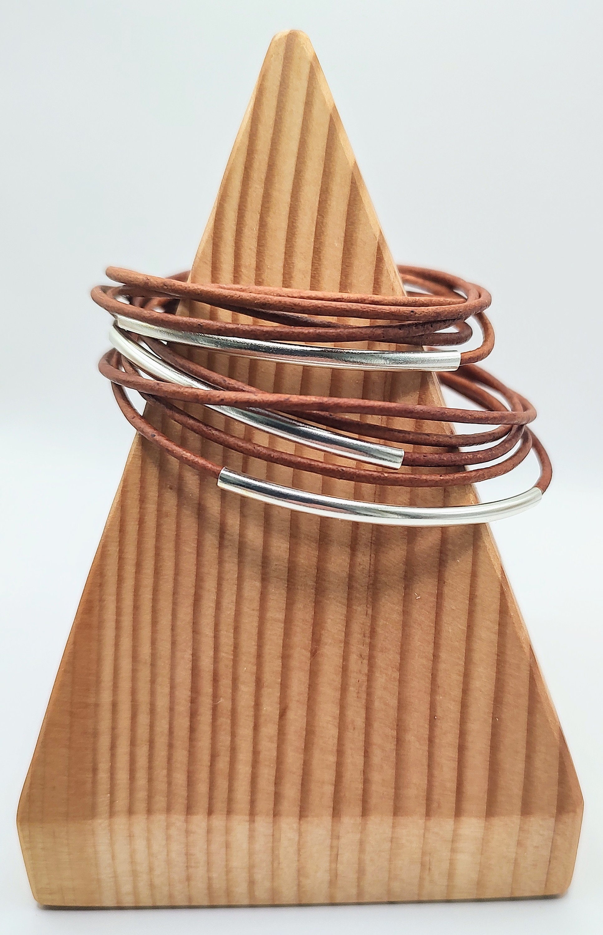 Distressed Light Brown Double Leather Wrap Bracelet with Silver Plated Tubes and Magnetic Clasp