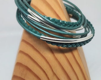 Turquoise Braided Double Leather Wrap Bracelet with Silver Plated Tubes and Magnetic Clasp