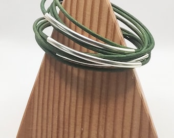 Distressed Green Double Leather Wrap Bracelet with Silver Plated Tubes and Magnetic Clasp