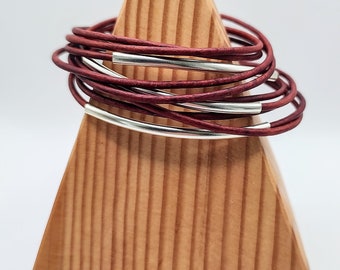 Distressed Turkey Red Double Leather Wrap Bracelet with Silver Plated Tubes and Magnetic Clasp