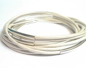 Metallic Pearl Double Leather Wrap Bracelet with Silver Plated Tubes and Magnetic Clasp