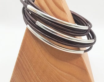 Metallic Bronze Double Leather Wrap Bracelet with Silver Plated Tubes and Magnetic Clasp