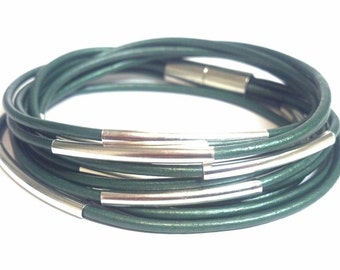 Metallic Sea Green Double Leather Wrap Bracelet with Silver Plated Tubes and Magnetic Clasp