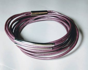Berry Double Leather Wrap Bracelet with Silver Plated Tubes and Magnetic Clasp