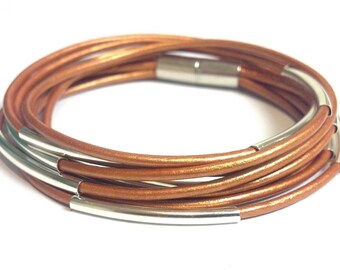 Metallic Copper Double Leather Wrap Bracelet with Silver Plated Tubes and Magnetic Clasp