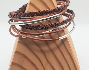 Distressed Brown Braided Double Leather Wrap Bracelet with Silver Plated Tubes and Magnetic Clasp