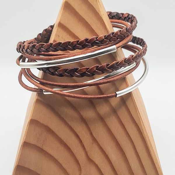 Distressed Brown Braided Double Leather Wrap Bracelet with Silver Plated Tubes and Magnetic Clasp