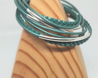 Turquoise Braided Double Leather Wrap Bracelet with Silver Plated Tubes and Magnetic Clasp