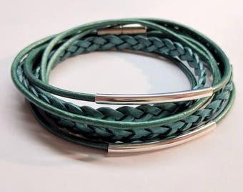 Turquoise Braided Double Leather Wrap Bracelet with Silver Plated Tubes and Magnetic Clasp