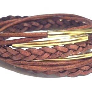 Distressed Brown Braided Double Leather Wrap Bracelet with Silver Plated Tubes and Magnetic Clasp image 3