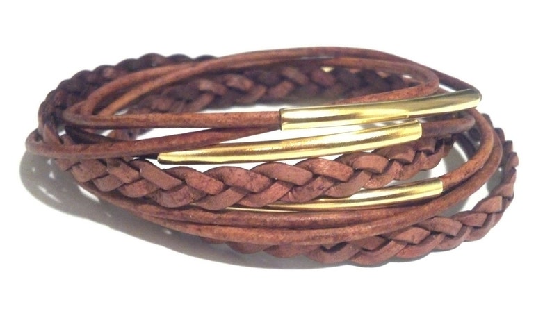 Distressed Brown Braided Double Leather Wrap Bracelet with Silver Plated Tubes and Magnetic Clasp image 3