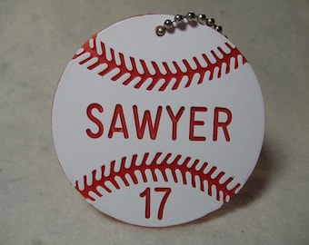 baseball team gift, red/white 3" baseball bag tag