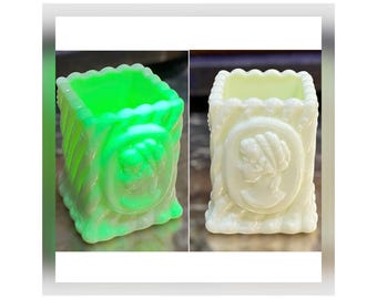 Vintage Uranium Guernsey Glass Cameo Lady Toothpick Holder FAC Uranium Vaseline Slag 2” Tall Glows