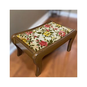 Vintage Footstool Raised Chenille Tapestry Fabric Wood Frame Ottoman Stool