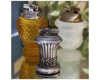 Set Of 3 Table Lighters Ronson Newport Amber Diamond Cut Satin Glass