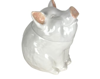 Pier 1 Imports Earthenware Smiling Pig Cookie Jar Farmhouse Hand Painted White