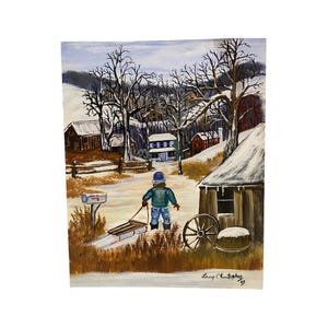 Vintage Original Painting Oil on Board Artist Signed Folk Art Farm Unframed Winter Scene