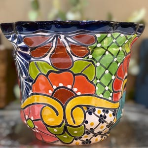 Vintage Blue Orange Signed Talavera Pottery Flower Pot Planter Mexico Large 10”