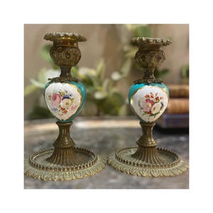 Antique 19th C French Gilted Bronze Porcelain Candlesticks Set 2 Serves Style Hand Painted Blue Floral
