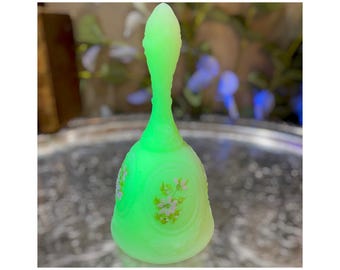 Vintage Fenton Uranium Artist Signed Bell Custard Art Glass Floral Medallion