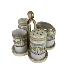 Antique Nippon c1911 Hand Painted Blue Mark 5 Piece Condiment Set with Handled Tray Porcelain