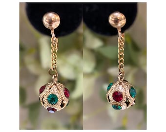 Vintage Czech Rhinestone Red Green Ball Drop Clip Earrings Jewels of India Gold