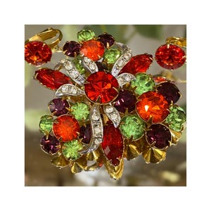 Vintage Rhinestone Brooch Earrings Set Regency c1950 Orange Green Amber Rivoli Fruit Salad Gold Setting Pave Crystal Rhinestones