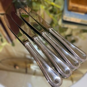 May include: A set of five silver butter knives. Each knife has a shiny, reflective blade and a handle with a detailed, textured border. The knives are arranged in a slightly fanned-out pattern, showcasing their elegant design. Ideal for a formal dining setting.