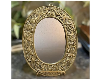 Vintage Brass Floral Wall Mirror Small Oval Textured Perfect Accent Piece