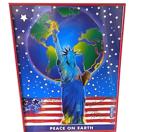 Peter Max Hand Signed Peace On Earth Lithograph Red Metal Frame 911 Dedication