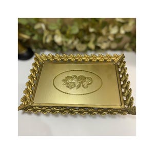 Vintage Vanity Italian Tray Gold Filigree Brass Metal Floral Footed Glass Hone Decor Elegant Free Shipping