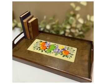 Vintage Large Needlepoint Under Glass Wood Serving Home Decor Tray with Handles