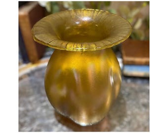 Antique Loetz c1900 Iridescent Amber Gold Art Glass Vase Art Nouveau