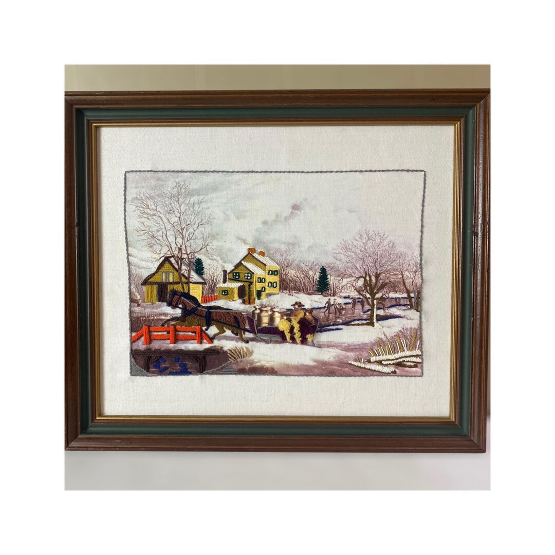 Vintage Crewel Needlepoint Folk Art Farmhouse Sleigh Ride Wall Art ...