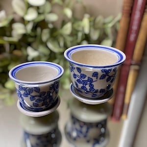 Vintage Pair Small Chinese Porcelain Flower Pots With Under Plate Drain Hole