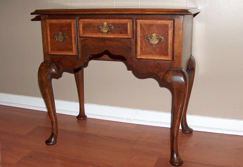 Outstanding Antique 19th C Burled Walnut Wood Lowboy Chest Table Queen Anne Banded Top Original Hardware at Vintageway Furniture 8008