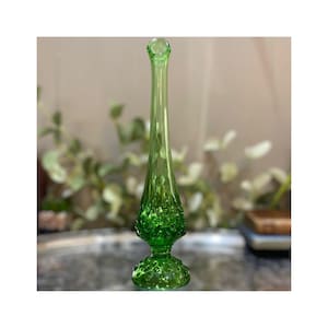 Fenton 11” Swung Uranium Vase Green Hobnail Vintage