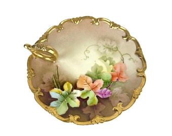 Antique Vienna Austria Artist Signed Trinket Vanity Nappy Dish Plate Hand Painted Gold Handle Vintage