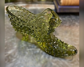 Vintage Fenton Orig Label Hobnail Shoe Glass Slipper Olive  Vintage Fenton Orig Label Hobnail Shoe Glass Slipper Olive Green with Sticker main image 0