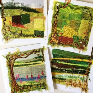 Set of four textile art greetings cards