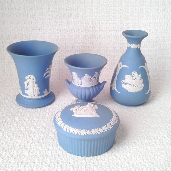 Wedgwood White on Lavender (Light Blue) Jasperware 4 Piece Collection Vases & Fluted Box Made in England